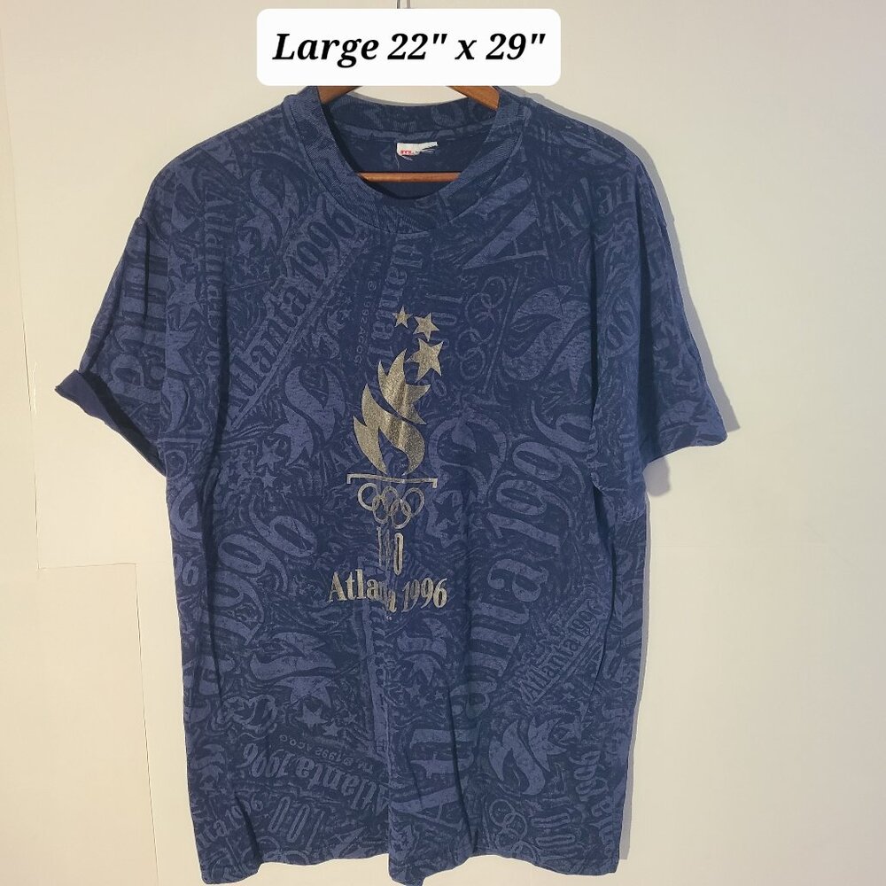 Vintage 1996 Olympics Atlanta Blue AOP Large T-Shirt Single Stitch Made in USA